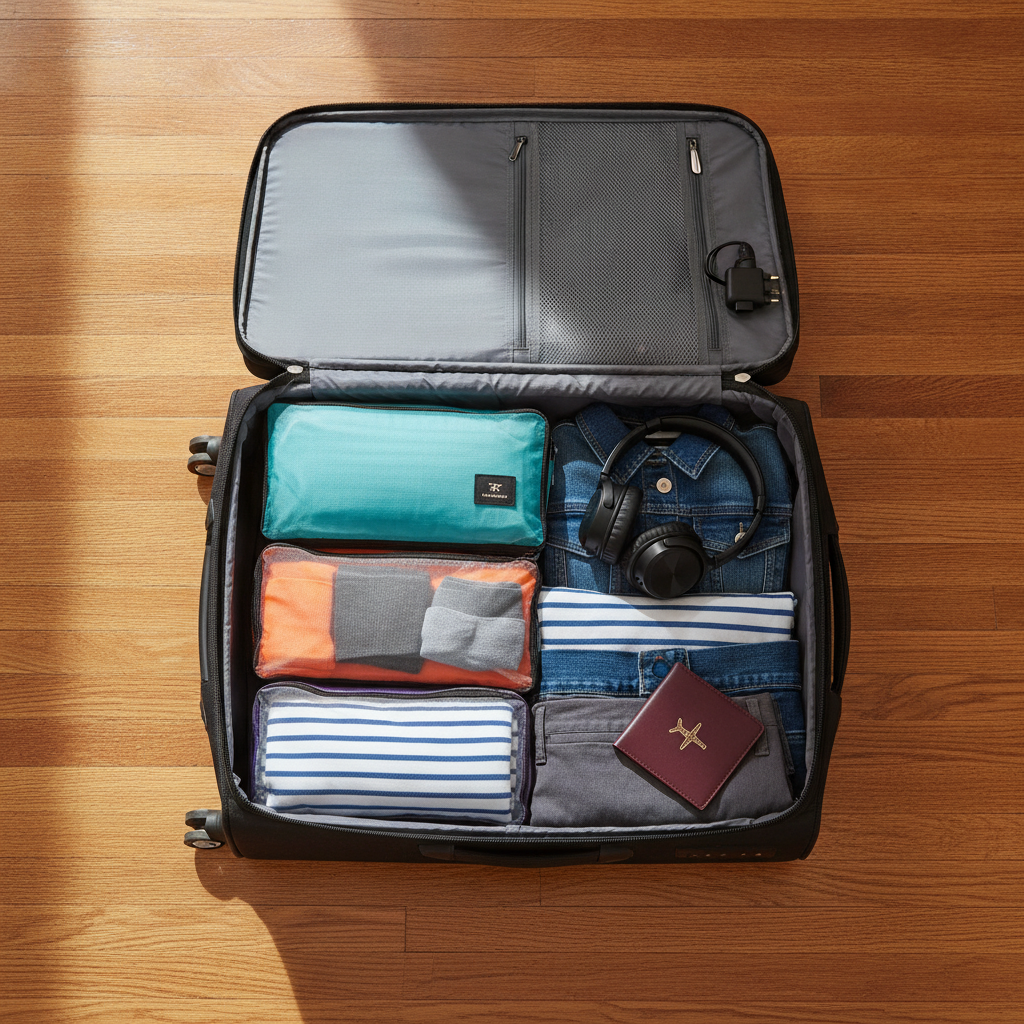 Flat lay of travel essentials being packed into a suitcase - packing cubes, headphones, adapter, and travel accessories
