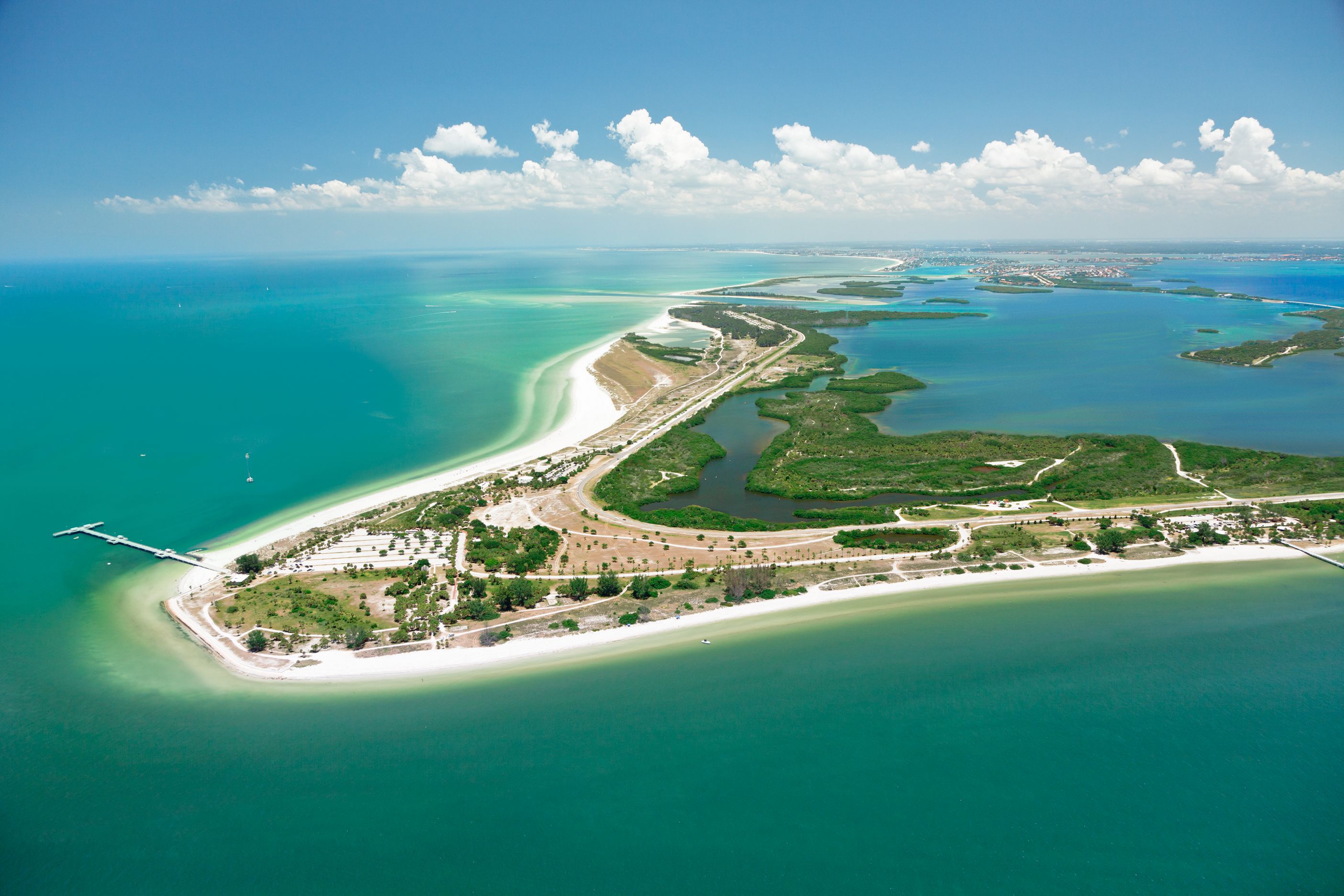 Fort De Soto Park aerial view showing the park's barrier island setting and beaches