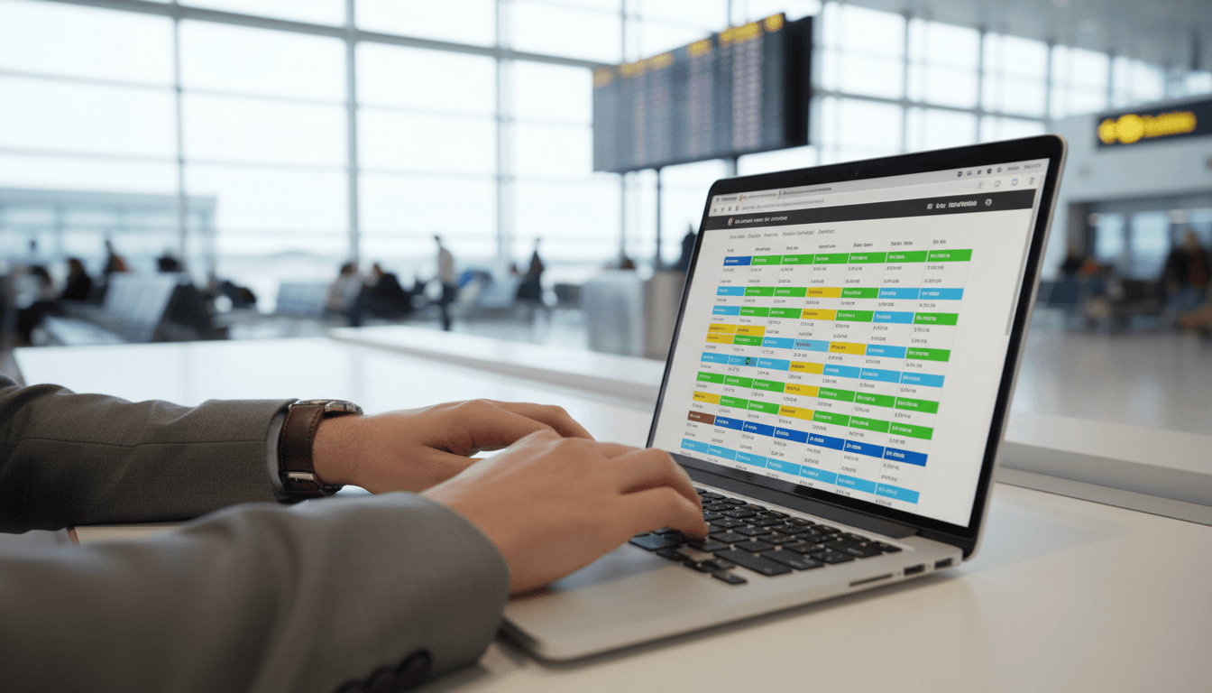 Person searching for cheap flights on a laptop at an airport departure gate