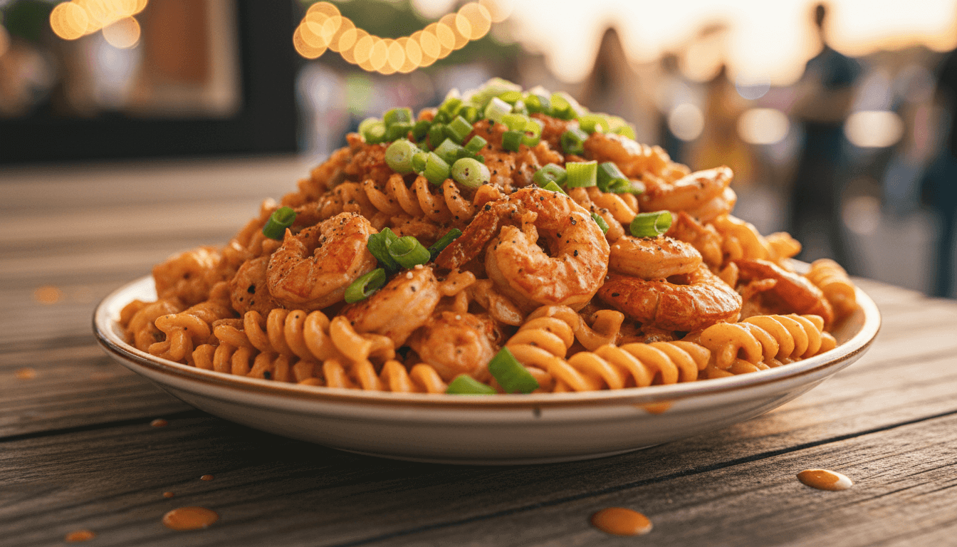 Crawfish Monica — rotini pasta with Gulf crawfish in Creole sauce at Jazz Fest