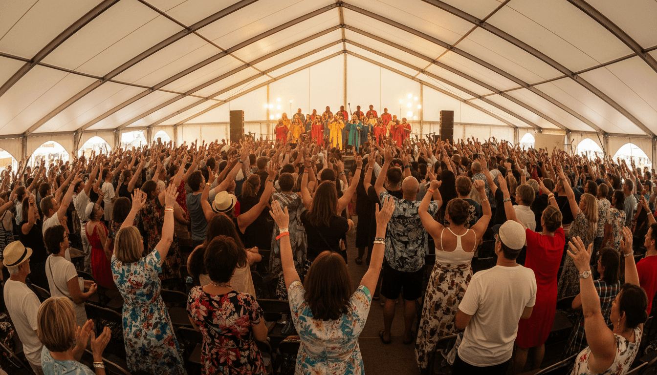 Jazz Fest Gospel Tent — packed crowd with arms raised watching a gospel choir
