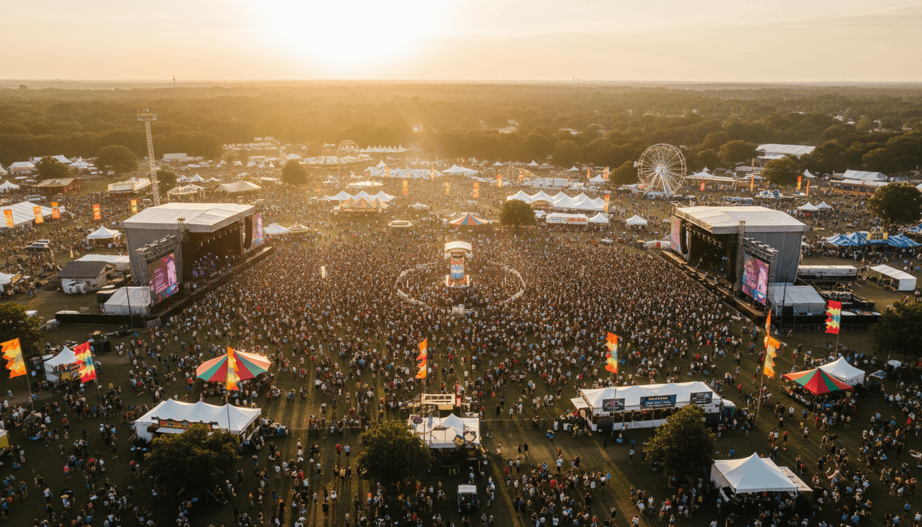 Aerial view of the New Orleans Jazz Fest grounds at the Fair Grounds Race Course with multiple stages and thousands of attendees