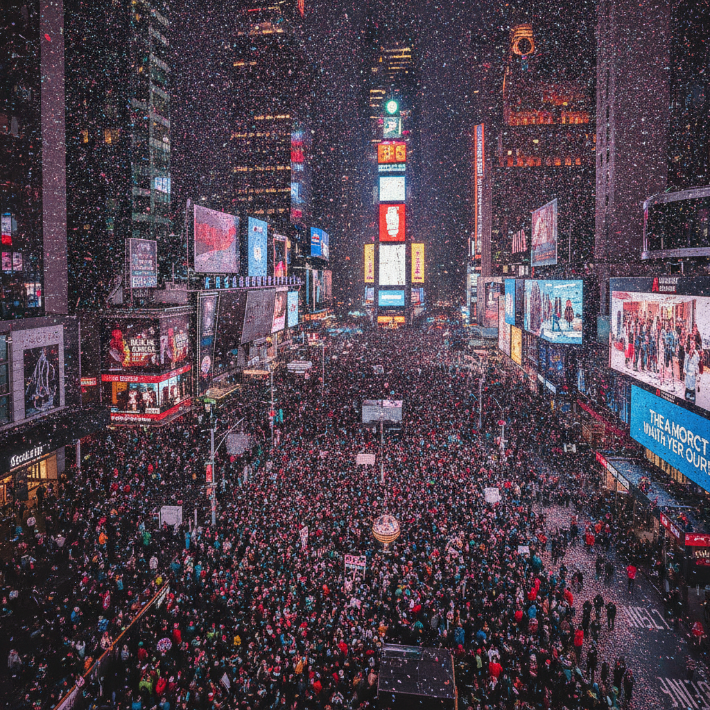 Massive crowd in Times Square on New Year's Eve with confetti falling and illuminated billboards