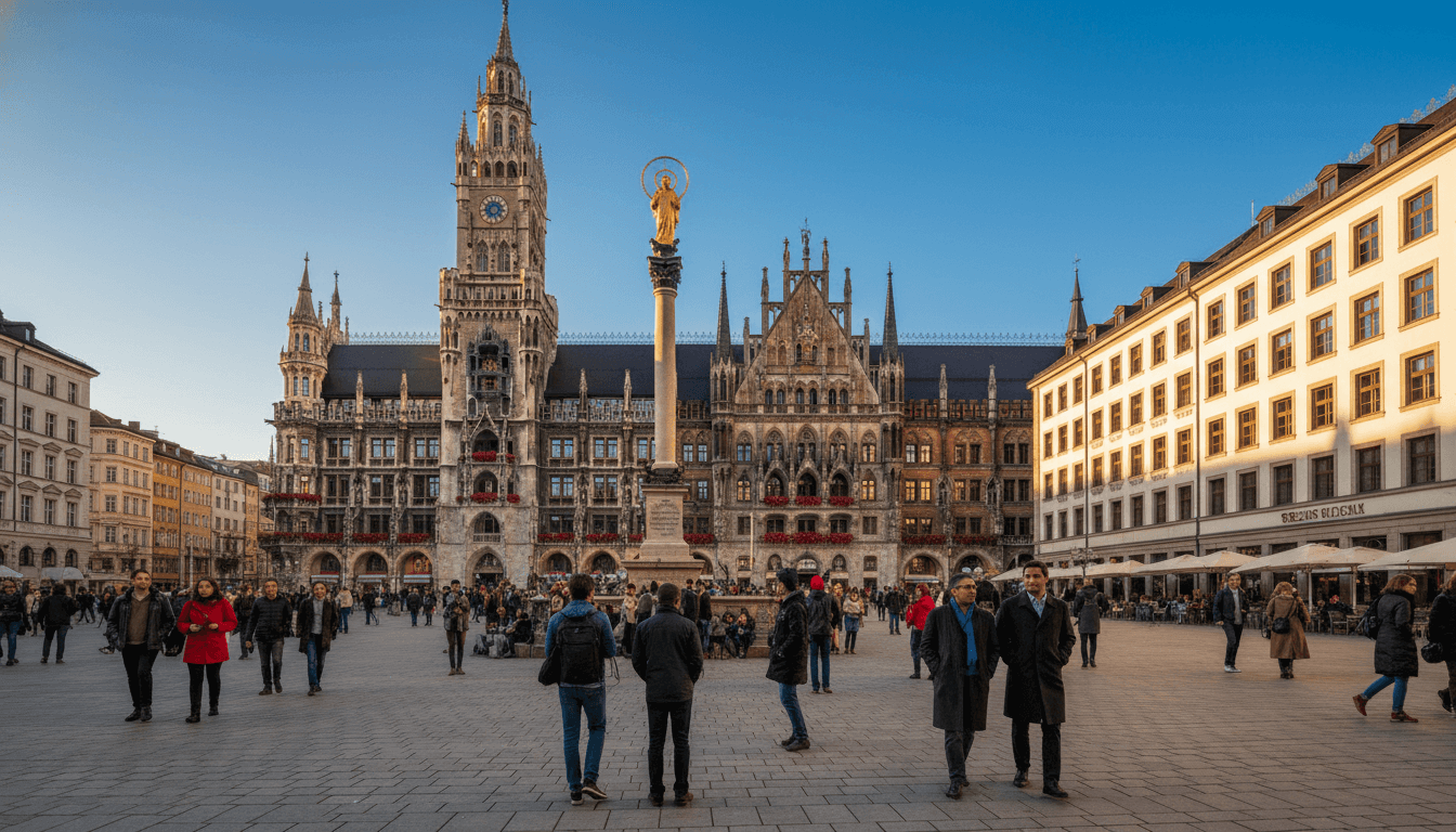 Marienplatz, Munich's central square, with the Gothic New Town Hall in autumn light