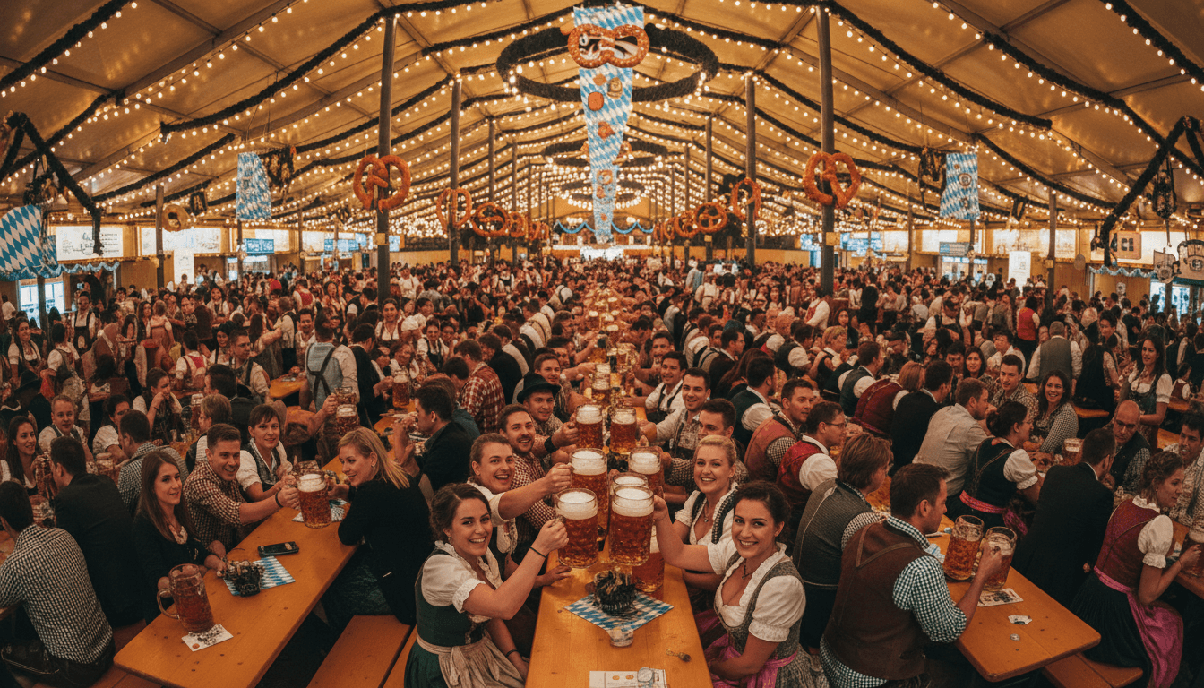 Inside a packed Oktoberfest beer tent in Munich with long wooden tables, traditional costumes, and raised beer steins