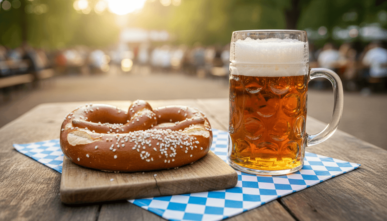 Bavarian pretzel and Maß beer on blue and white checkered tablecloth at Oktoberfest