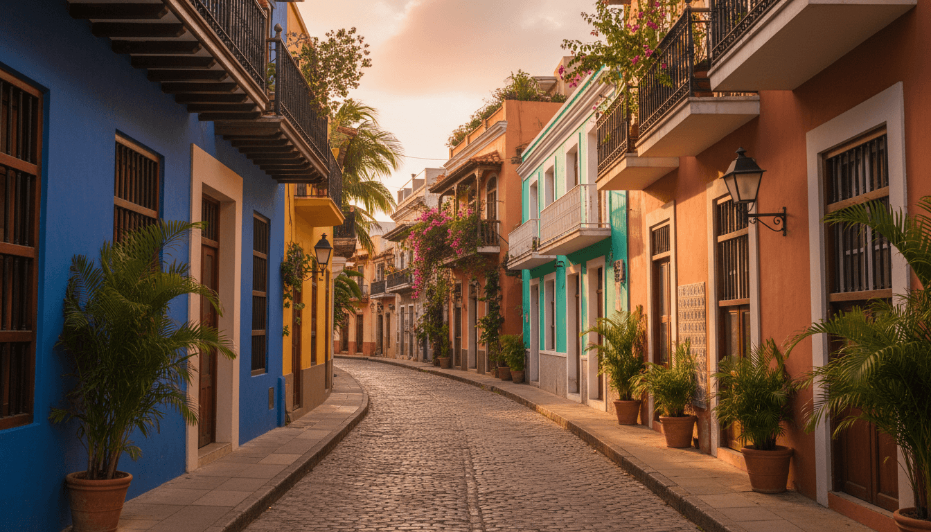 Colorful colonial buildings and cobblestone streets of Old San Juan, Puerto Rico