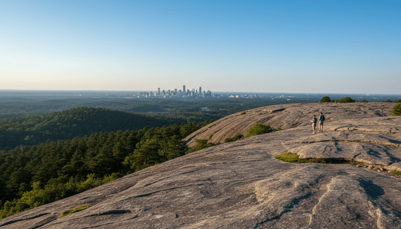 Hikers on the Stone Mountain walk-up trail with the Atlanta skyline in the distance