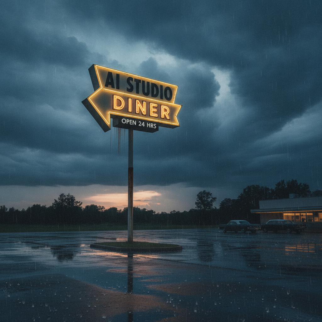 Illuminated Waffle House sign against a dark stormy sky