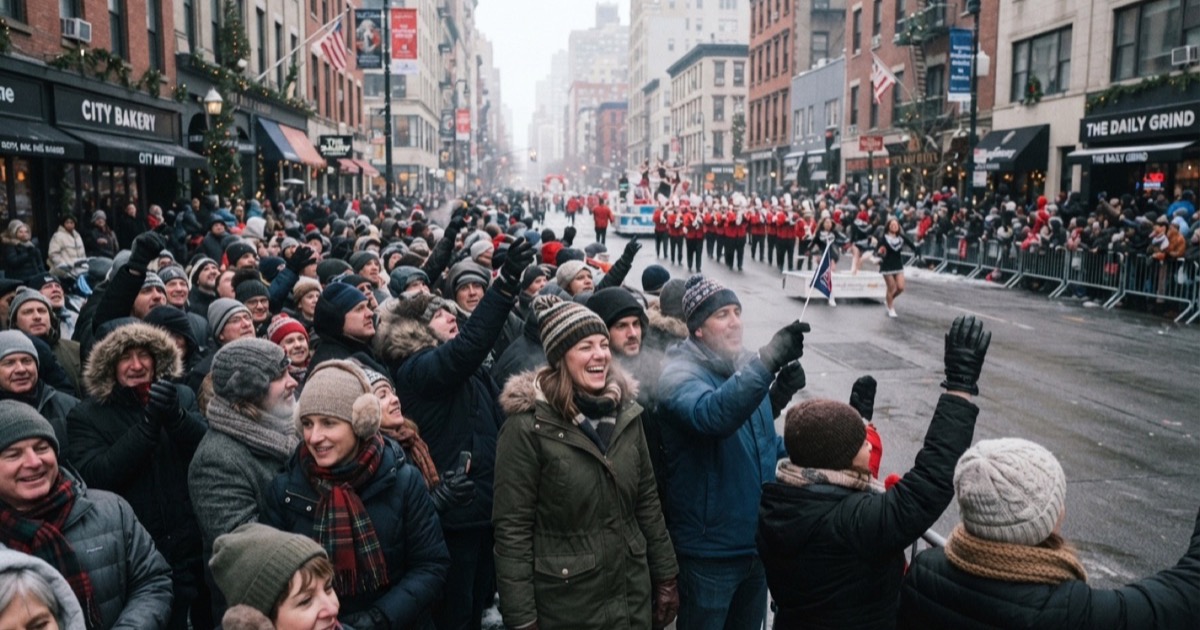 Bundled-up crowd watching a winter parade on a cold city street