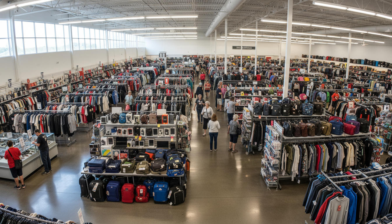 Large retail store interior filled with rows of clothing, electronics, and travel gear on display racks and shelves